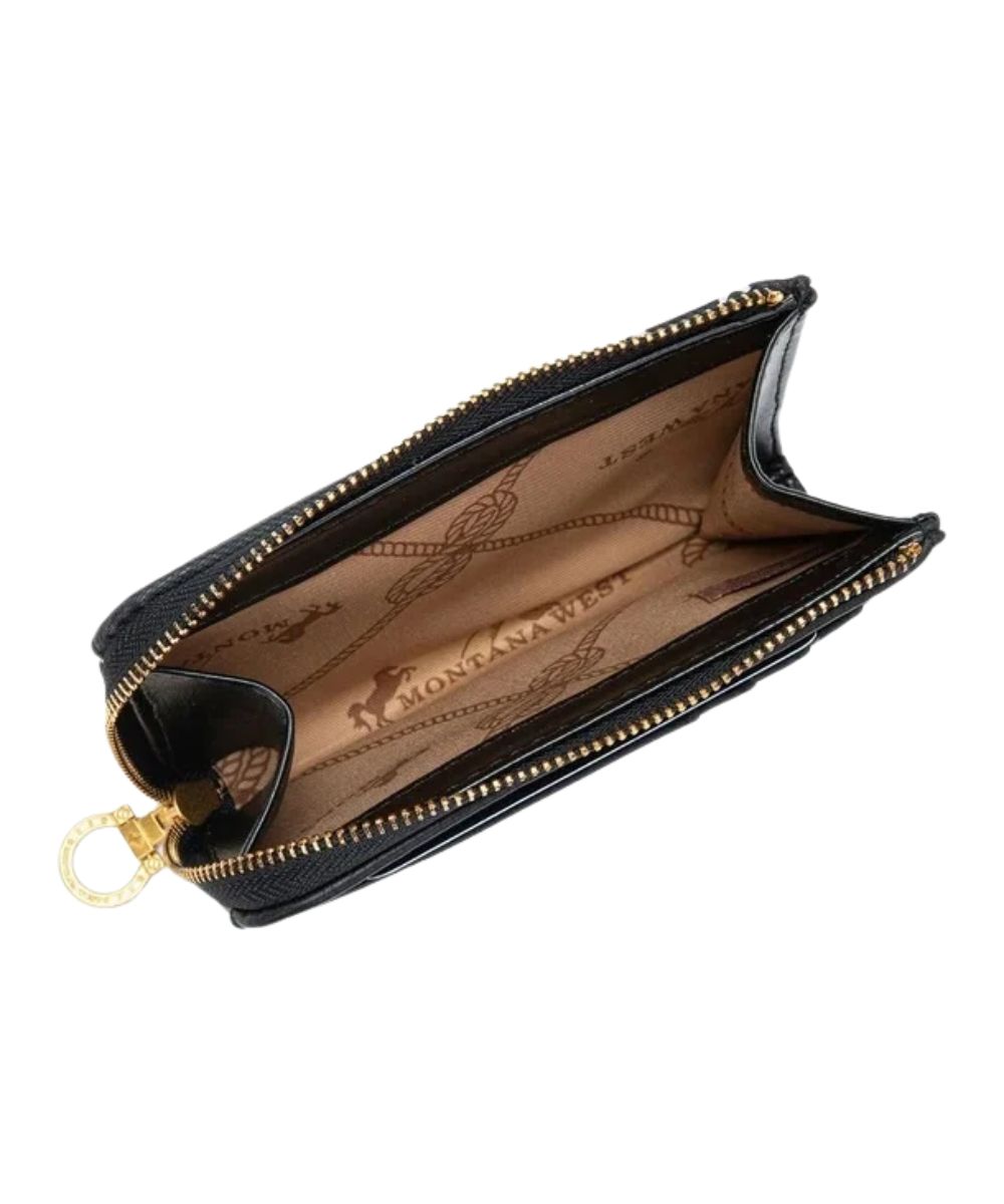 Interior view of the zip-around closure featuring the RFID blocking technology