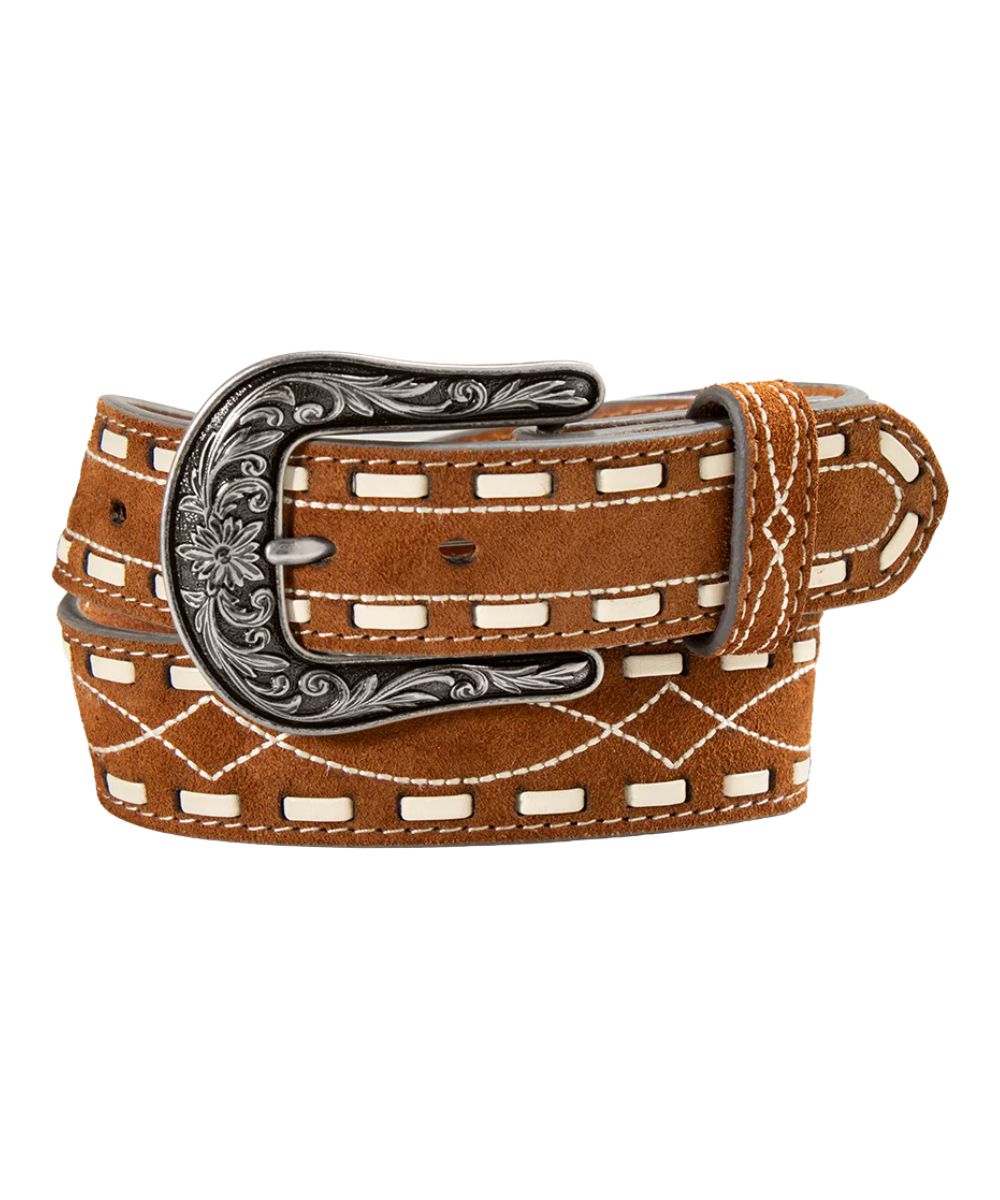 Girl's Rust Tan Roughout Leather Belt With White Stitching And Lacing