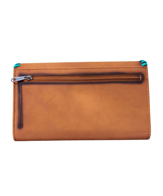 Back view of the women's faux leather wallet featuring a zipper pocket on the back