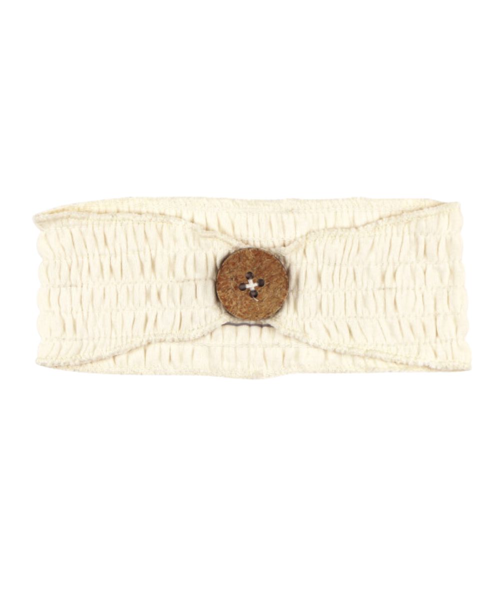 Infant Girl's Buttercream Smocked Headband With Wooden Button Charm