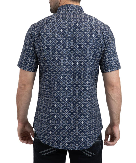 Men's short sleeve button down shirt made from performance fabric featuring a vented back yoke.