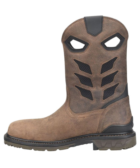 Side View Of The Waterproof Dark Brown Acid-Resistant Leather Upper Featuring Mesh Vents For Breathability