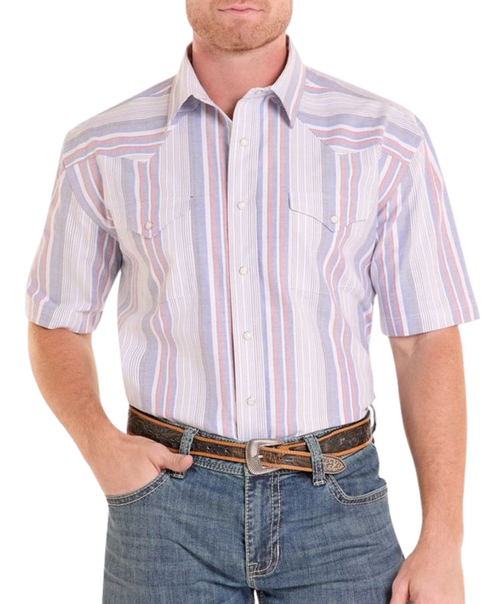 Men's Modern Vintage Classic Fit Short Sleeve Snap Shirt Featuring An Oxford Striped Print