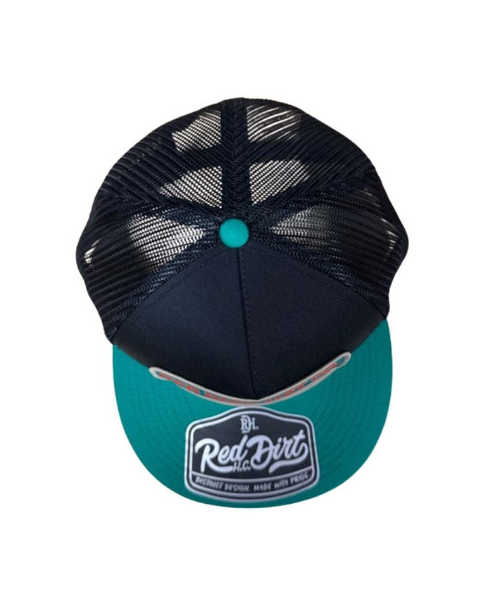 Aeriel view of the black and turquoise unisex cap