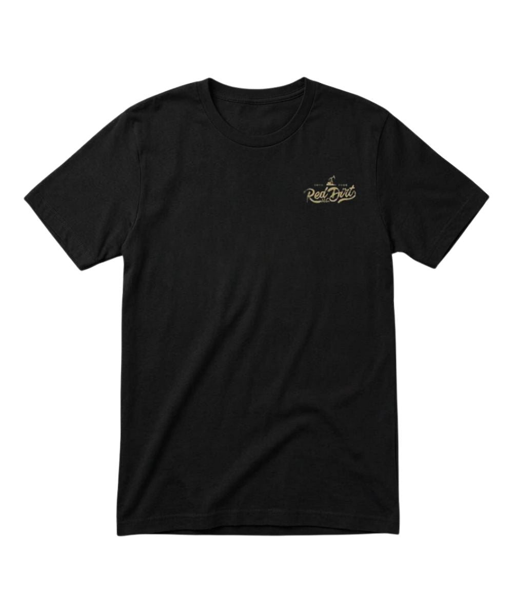 Front view of the men's black short sleeve crew neck tee featuring the small, screen-printed logo at the upper left chest