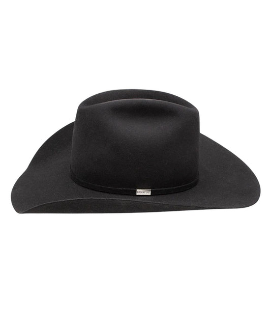 Side view of black Redistol wool felt hat with cattleman crease and matching self hatband with silver tone Resistol logo pin.
