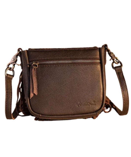 Back view of the women's coffee brown crossbody featuring the zipper pocket on the back and the lobster claps on the strap that allow the bag to be converted to a clip bag