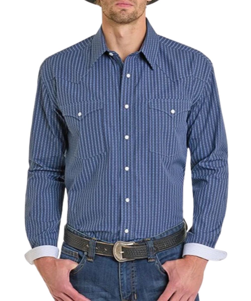 Front view of the men's navy blue long sleeve western snap shirt featuring contrast interior trim