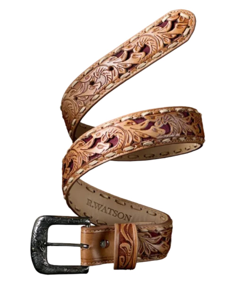 Side view of the men's tooled leather belt featuring a rhubarb roughout leather underlay