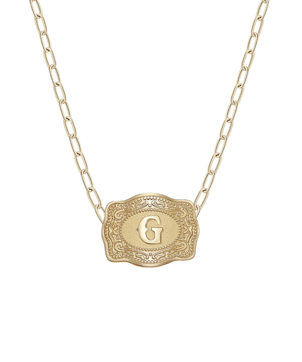 mini gold belt buckle g initial necklace on white background