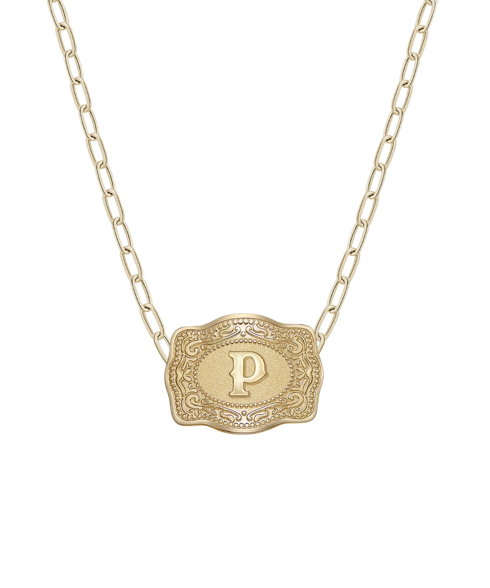mini gold belt buckle p initial necklace on white background