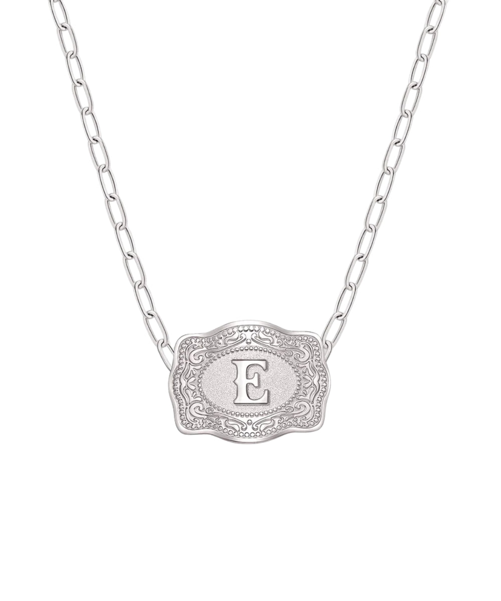 mini silver belt buckle e initial necklace on white background