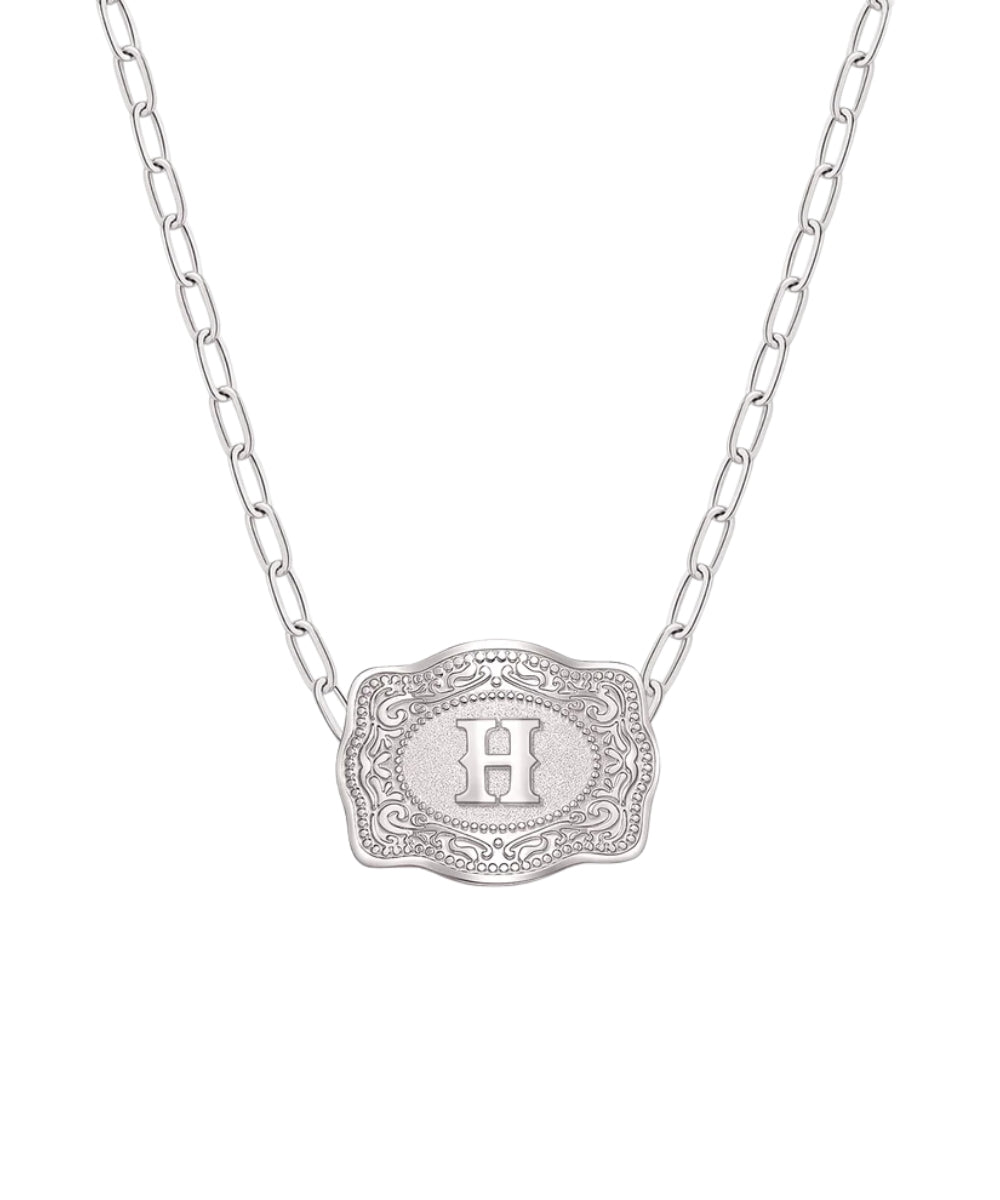 mini silver belt buckle h initial necklace on white background