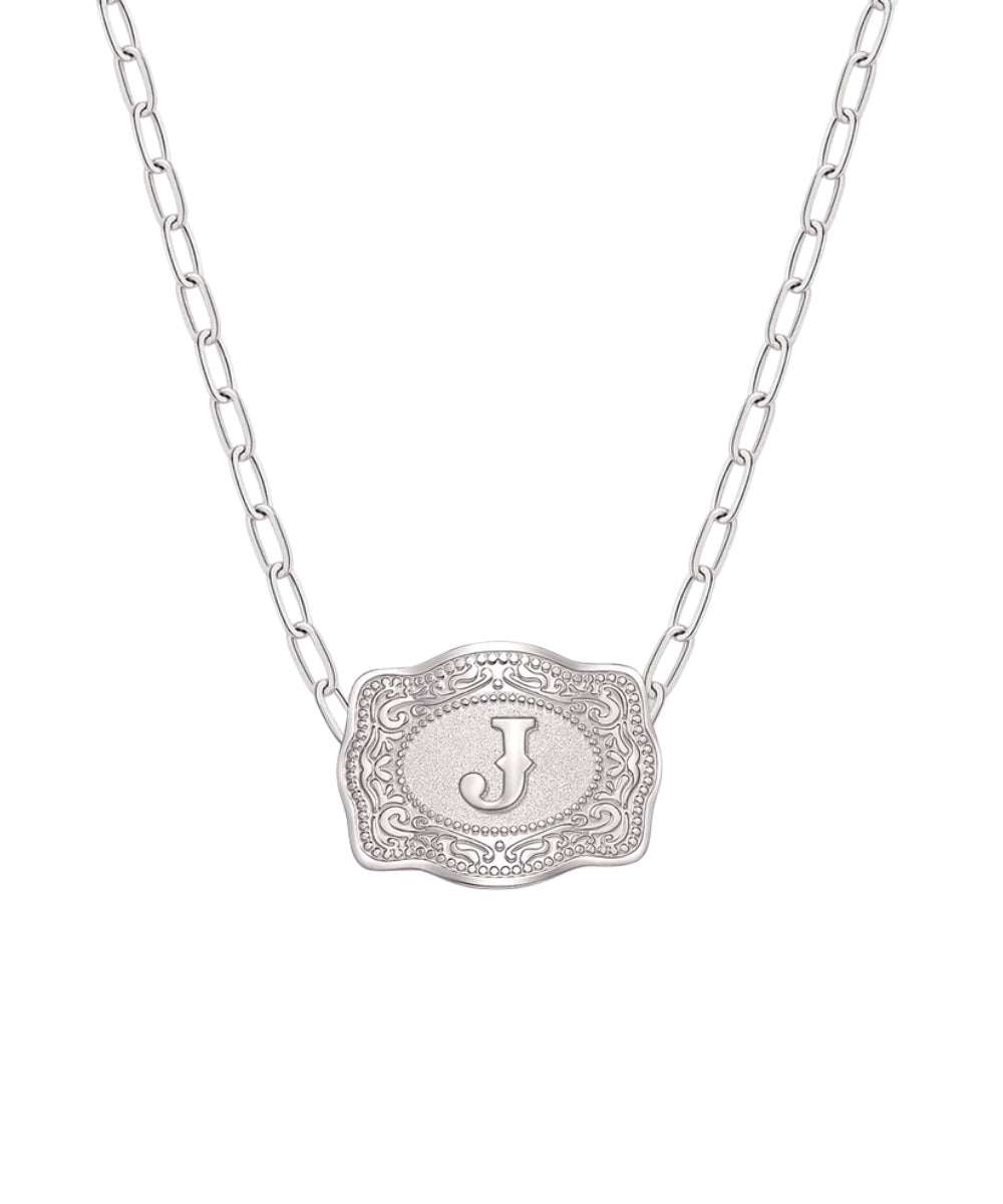 mini silver belt buckle j initial necklace on white background