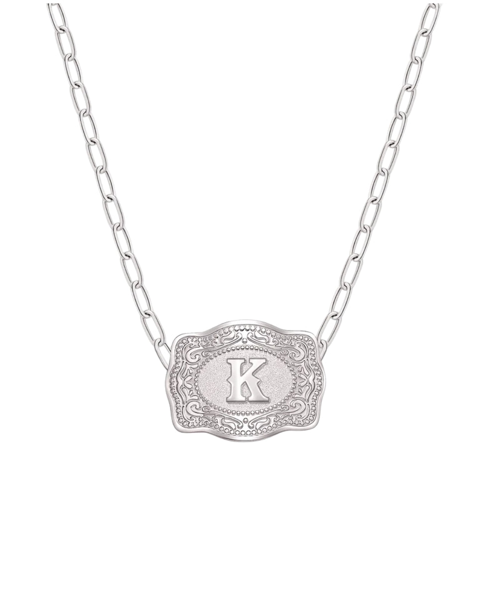 mini silver belt buckle k initial necklace on white background
