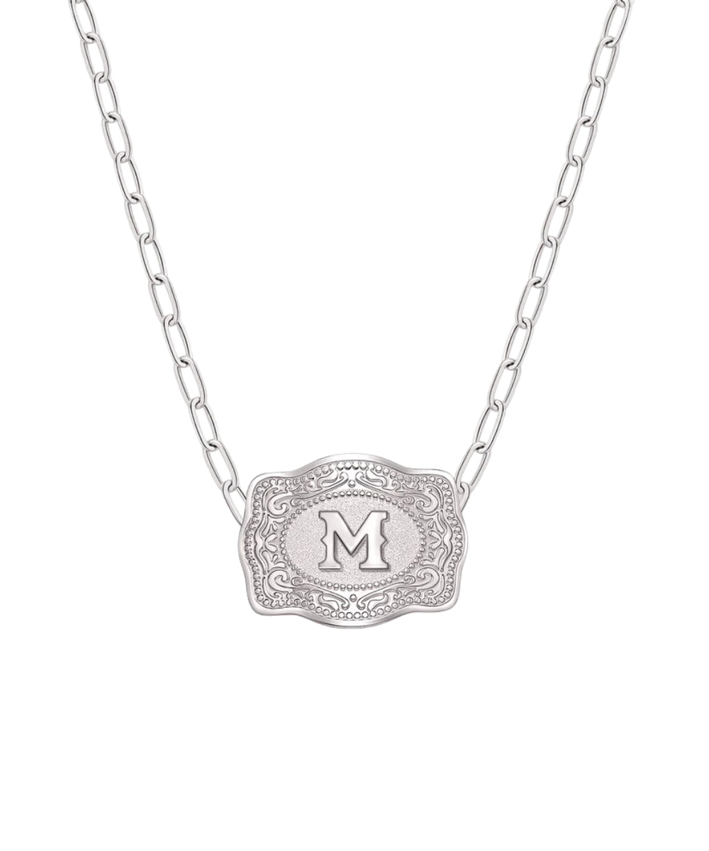 mini silver belt buckle m initial necklace on white background