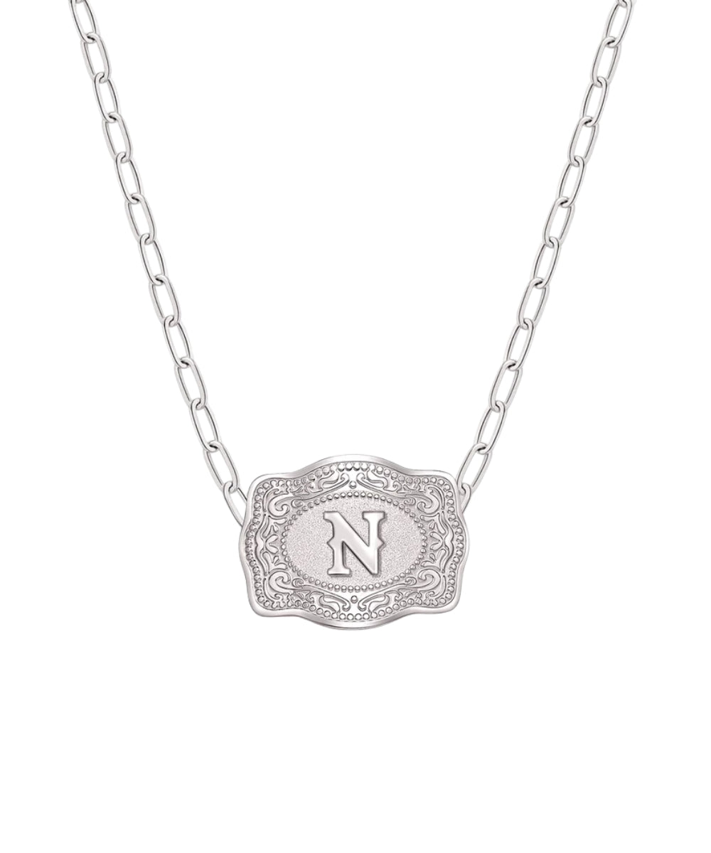mini silver belt buckle n initial necklace on white background