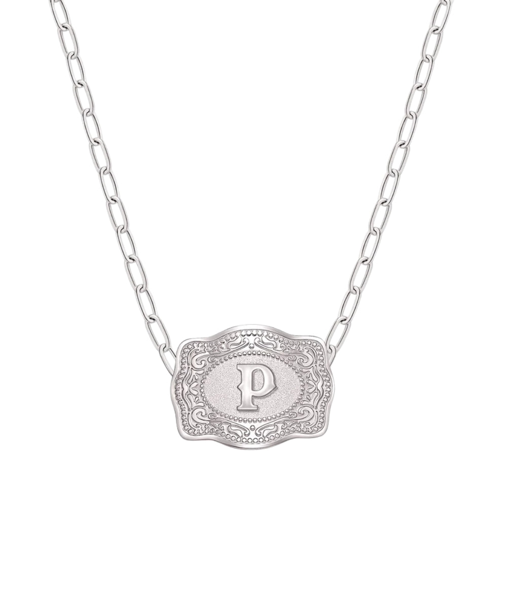 mini silver belt buckle p initial necklace on white background