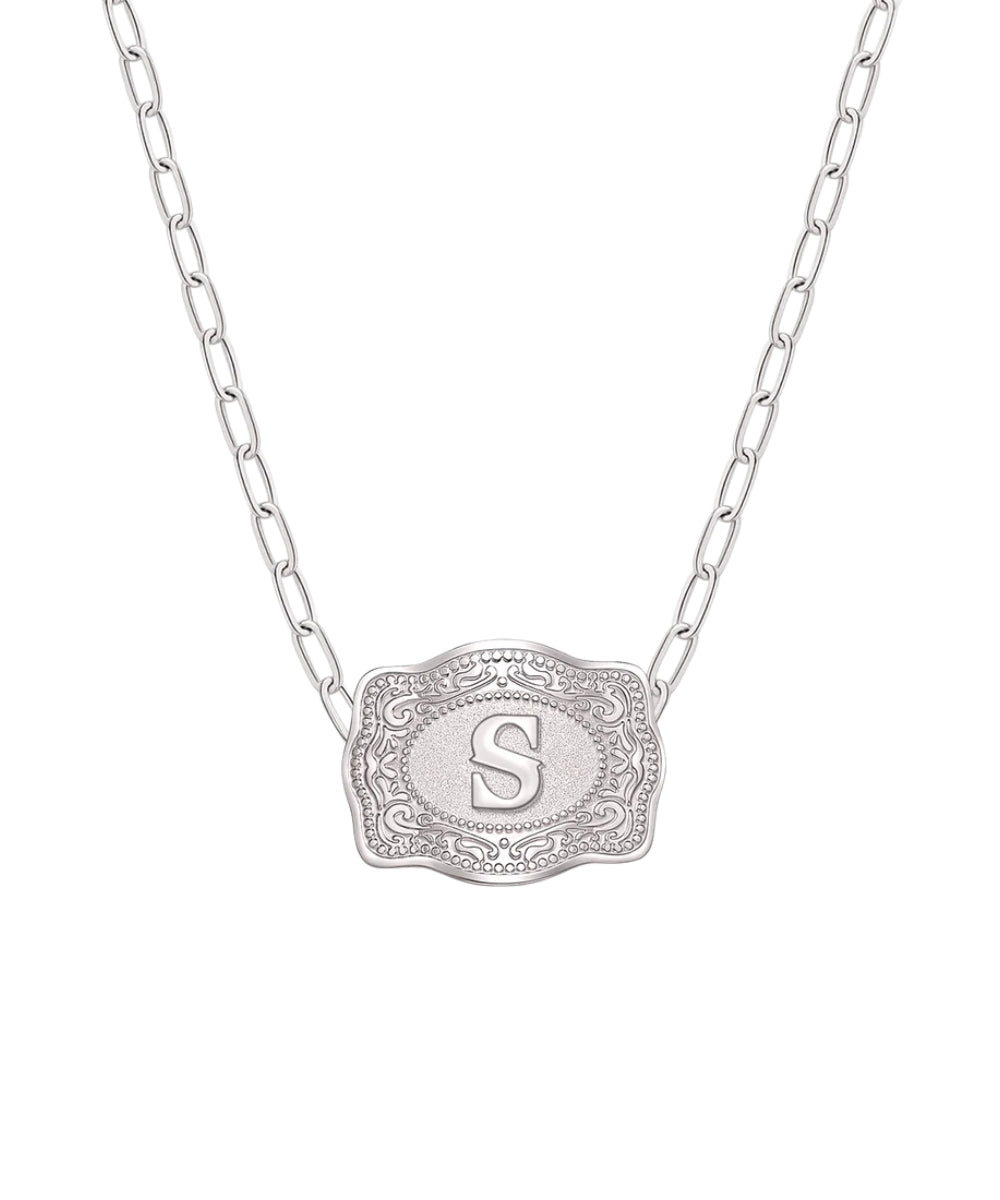 mini silver belt buckle s initial necklace on white background