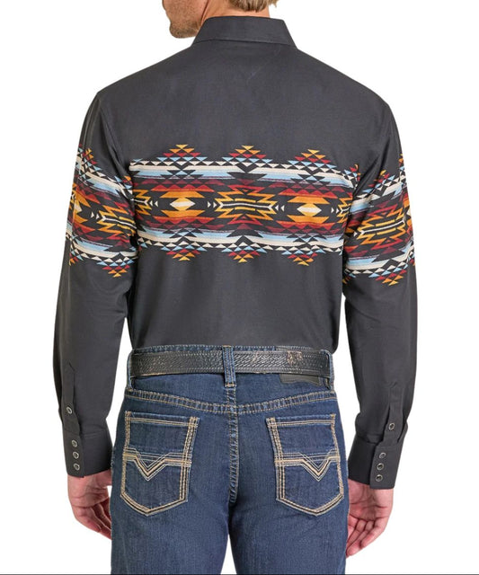 Back view of the men's black long-sleeve western pearl snap shirt featuring the aztec border print