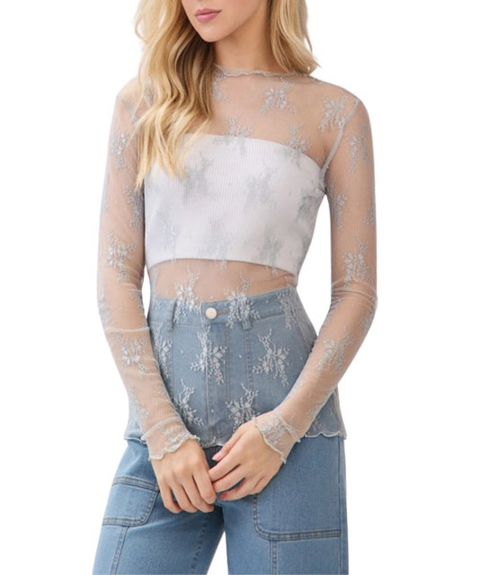 Women's long sleeve silver-grey sheer floral lace top.