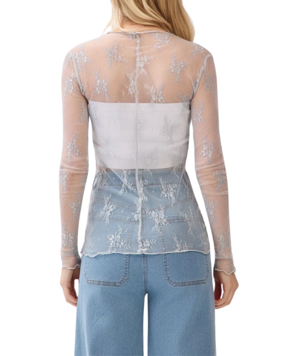 Back view of the silver-grey floral lace top, showcasing a middle seam.