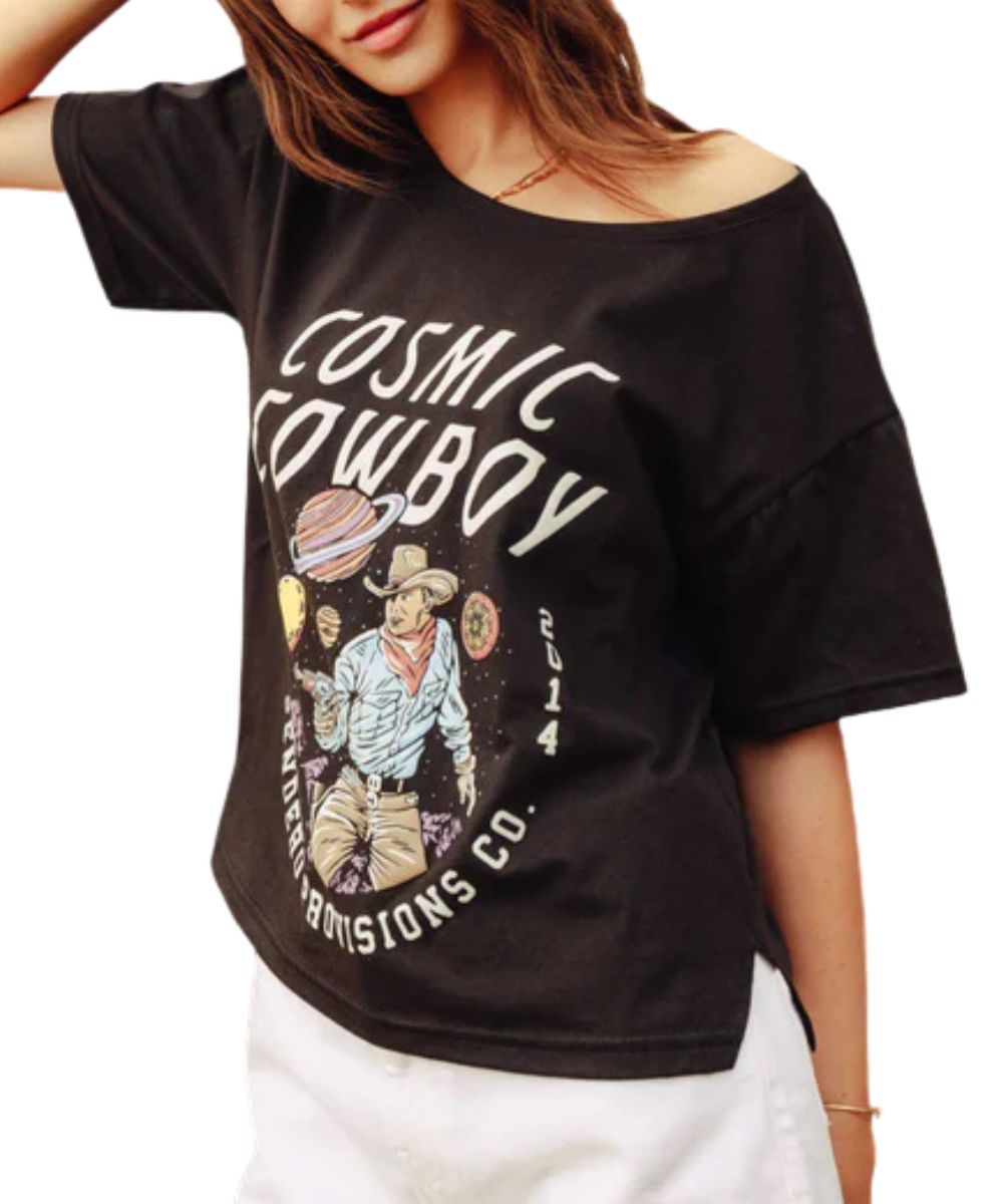 Women's charcoal tee featuring an oversized relaxed fit that can be worn off the shoulder, featuring the side slits hem