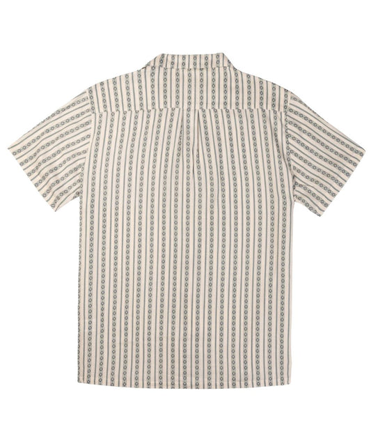 Back view of the men's short sleeve snap shirt featuring a straight back yoke with box pleat