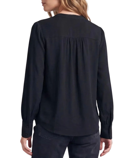 Back view of the women's black long sleeve blouse featuring the straight back yoke with subtle gathering