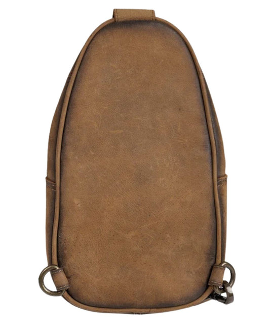 Back view of the women's brown leather sling bag featuring the rings on the back for universal wear