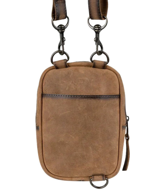 Back view of the women's brown leather crossbody purse featuring the open slip pocket on the back