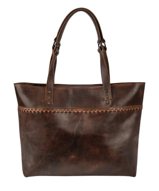 Back view of the women's chocolate brown leather tote featuring the magnetic slip exterior back pocket and the buckstitch accents