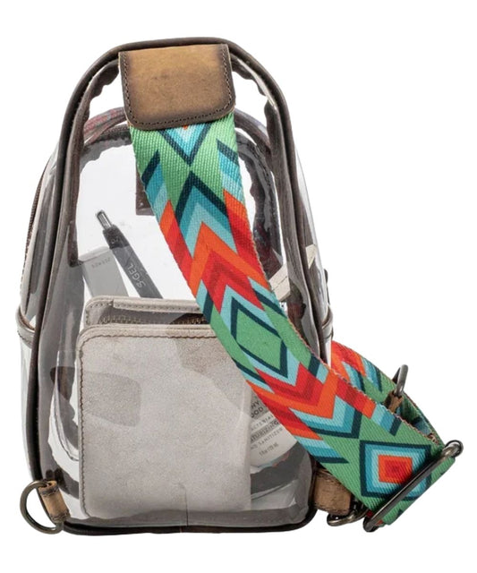 Back view of the women's clear stadium sling bag featuring the adjustable-wear d-rings