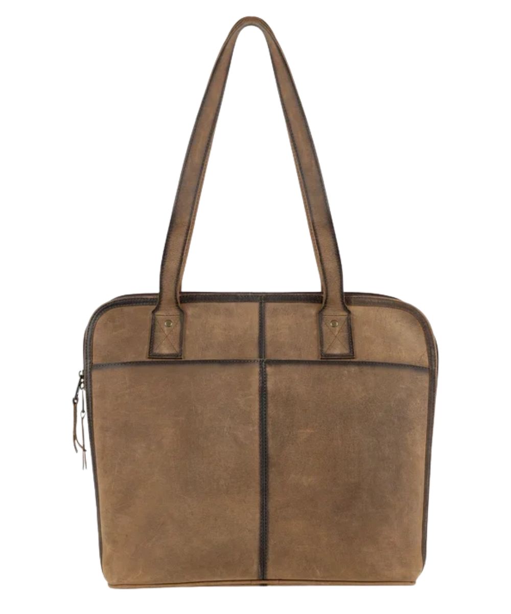 Back view of the brown leather laptop portfolio featuring the back snap slip pocket