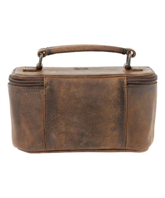 Back view of the women's brown leather train case