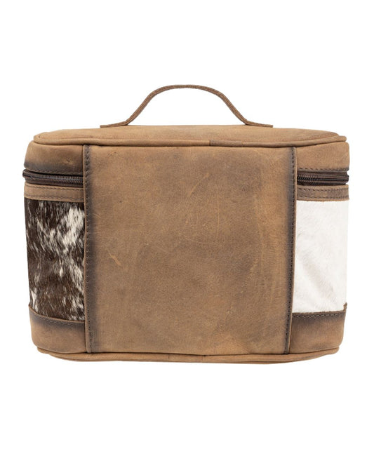 Back view of the brown leather train case featuring the brown leather trim and cowhide leather