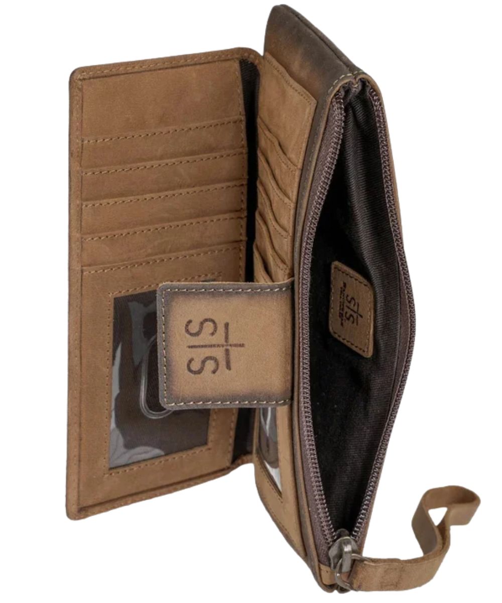 Interior view of the women's brown leather wallet featuring the top zipper closure pocket, and the snap closure pocket with card slots and id slots