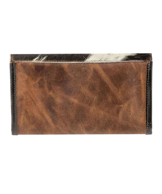 Back view of the women's leather wallet featuring the solid brown distressed leather back side