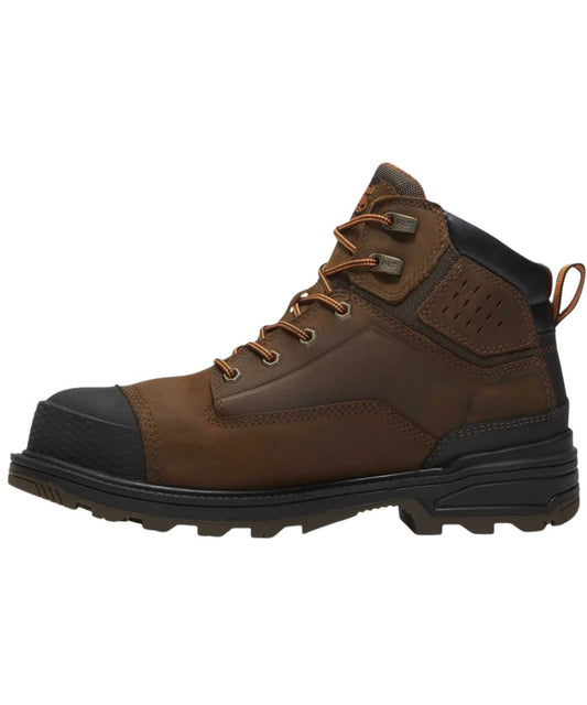 Left side view featuring the brown leather upper, lace-up entry, and heel pull tab on the men's brown 6" work boot