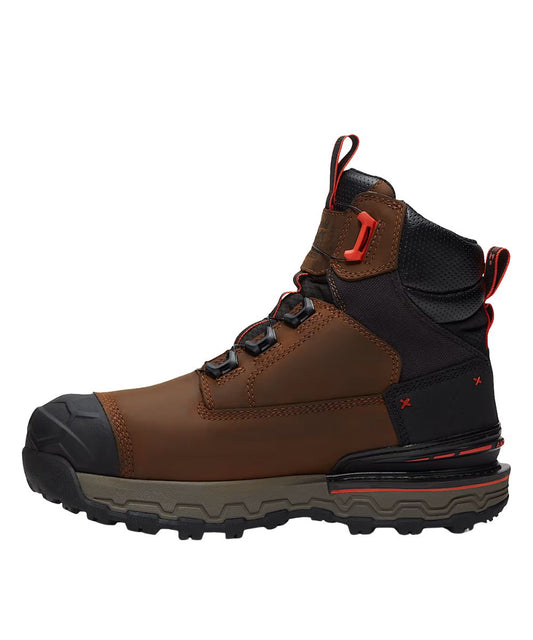 Left side view of the men's brown leather work boot featuring ever-guard abrasion-resistant leather, safety orange accents, and waterproof membrane