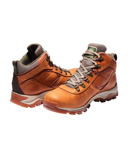Left side and heel view of the men's light brown hiking boot featuring the waterproof leather upper, heel pull tab, and round toe