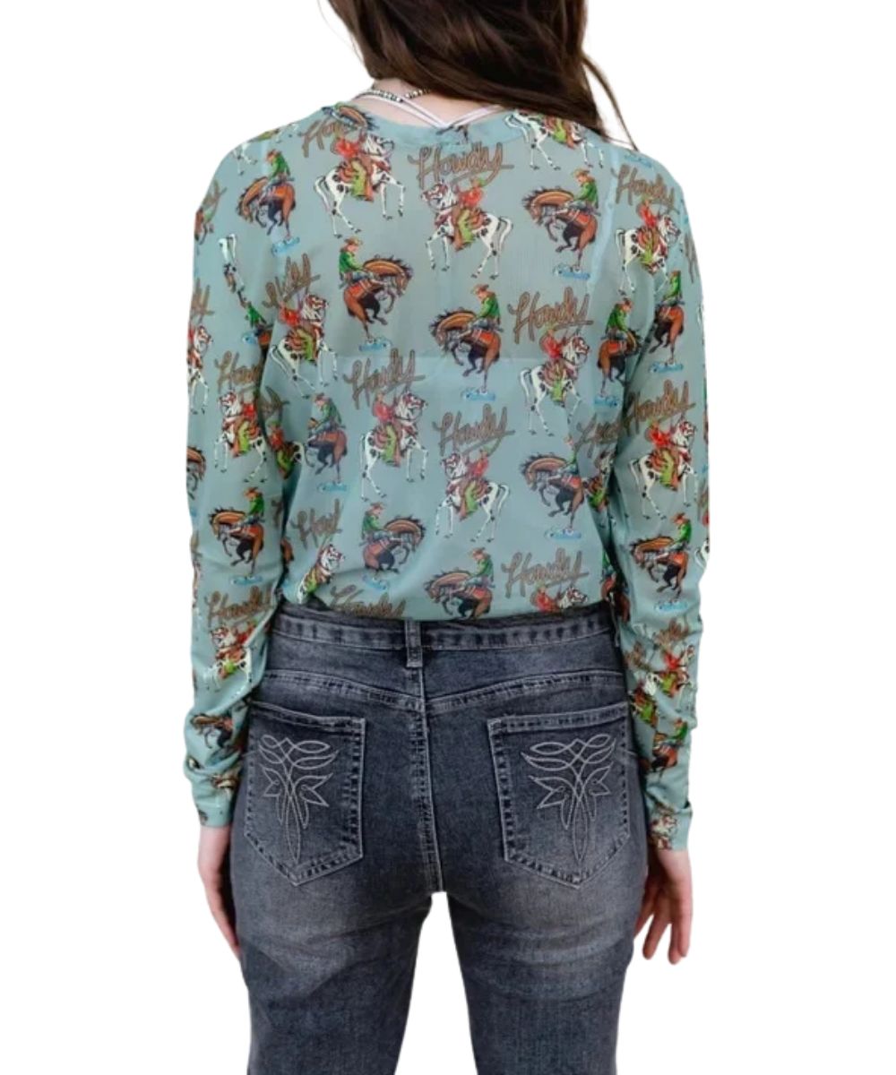 Back view of the women's teal long sleeve mesh blouse featuring the fitted silhouette and the western-inspired allover print with cowboys, horses, and "Howdy" script