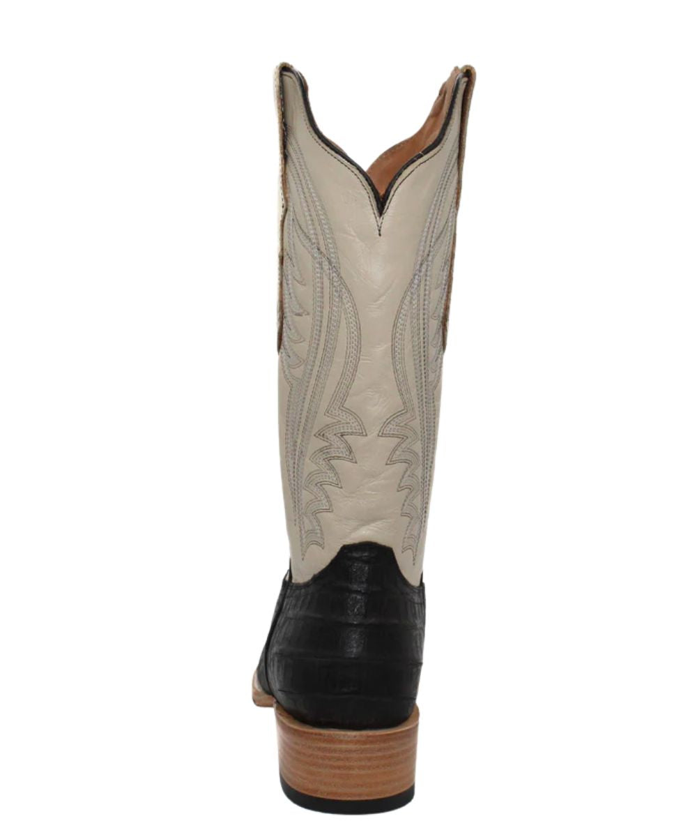 Rear view of the stacked leather heel with a rubber heel cap