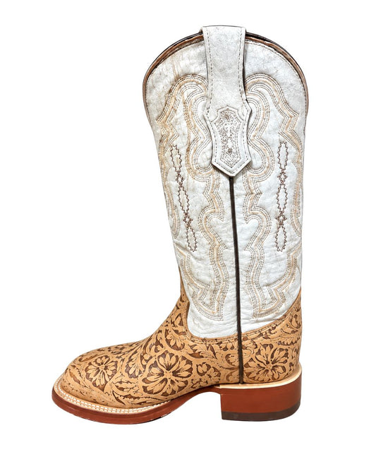 Left side view of the women's leather boot featuring a orix matte tan hand tooled vamp and a bone white shaft with contrast stitching