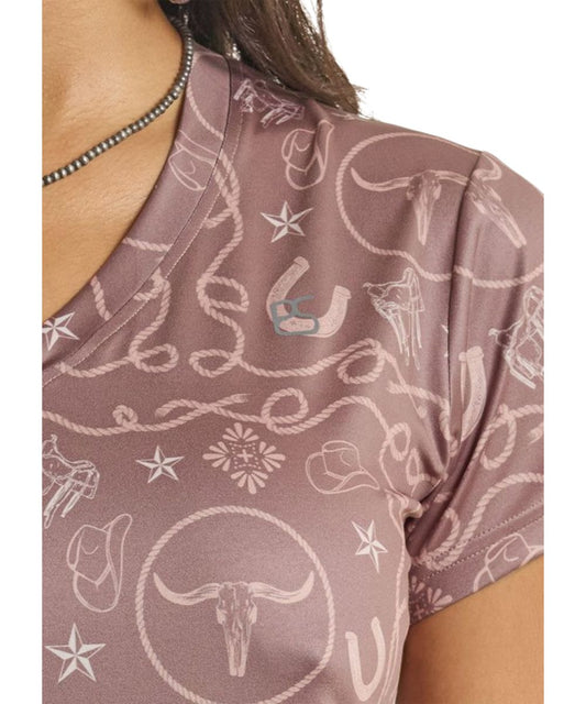 Close-Up Fabric View, This Performance Tee Is Breathable, Moisture Wicking, Quick Drying, In A Chocolate Brown Western Print