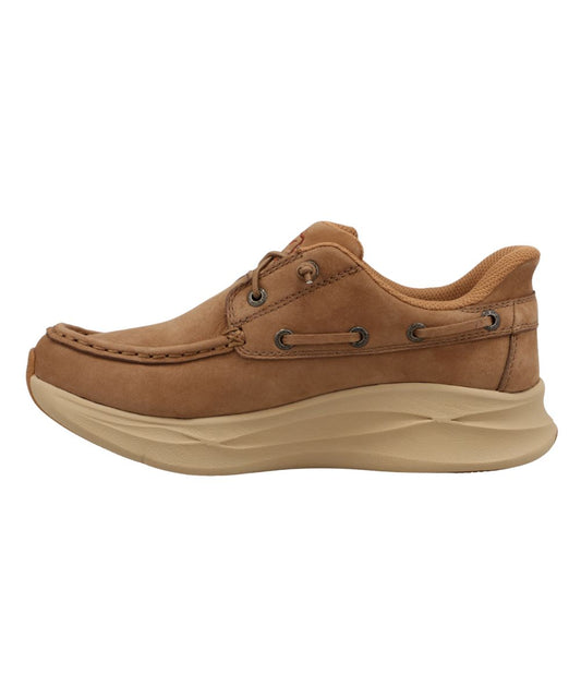 Left side view of the women's camel leather casual shoe