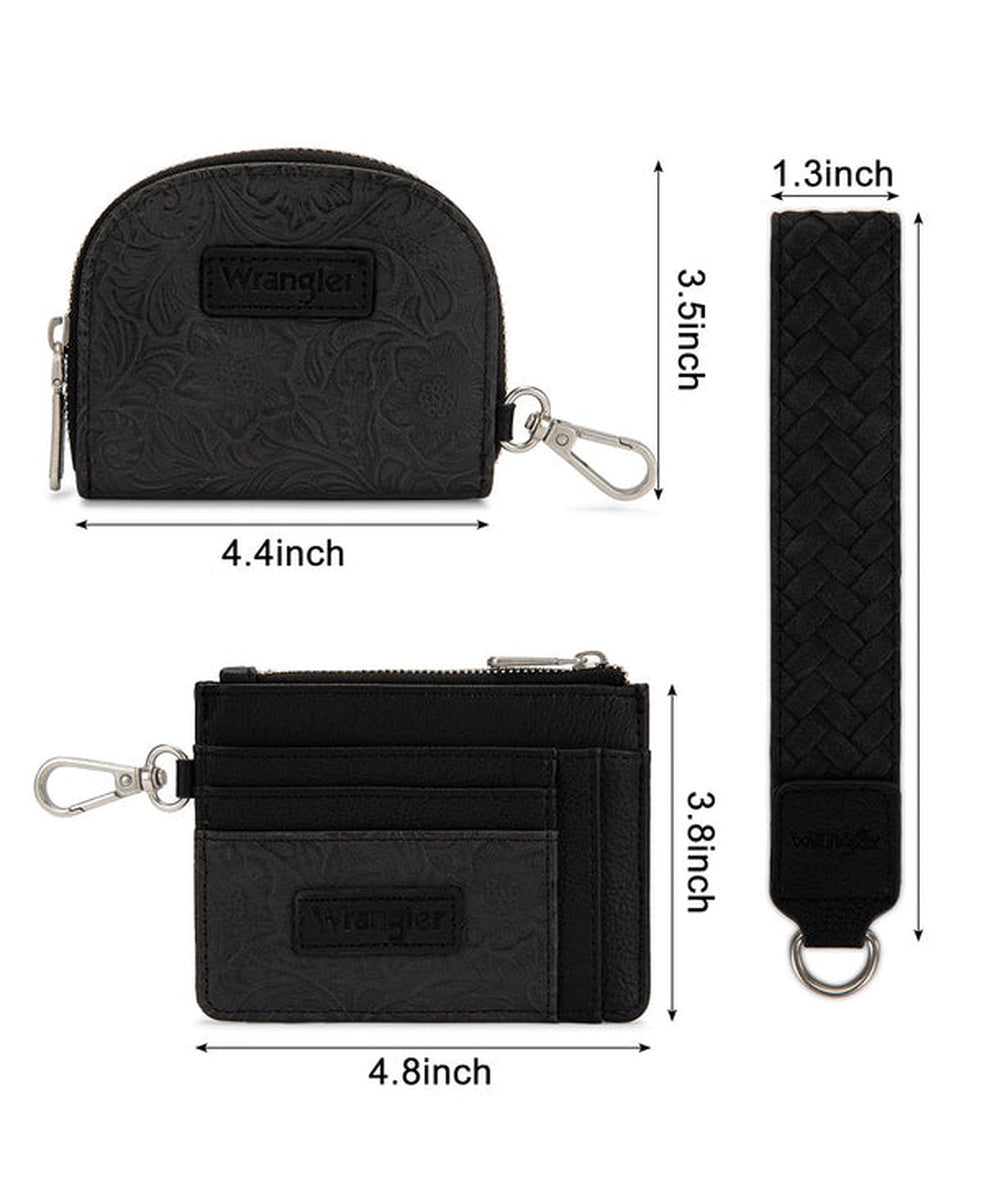 Montana West Wrangler Black 2-Piece Wallet Set Showing Wallet And Wrist Strap Dimensions