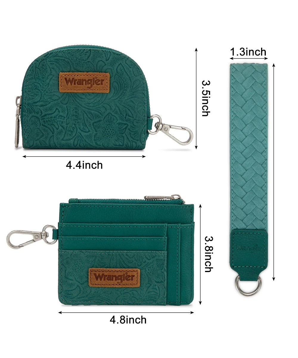 Montana West Wrangler Green Wallet Set Showing Zipper Pouch, Card Holder And Wrist Strap Measurements