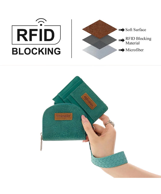 Wrangler Green Floral Tooled Wallet Set With RFID Blocking Material Diagram And Handheld Product View