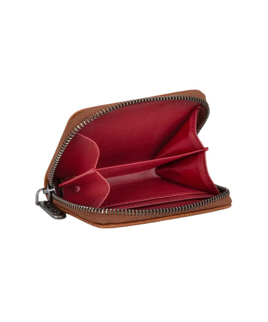 Interior view of the women's small card holder wallet featuring the 2 compartments and card slots featuring the RFID protection and zip closure